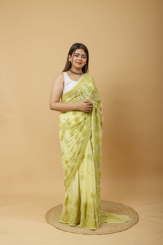Arsh Handcrafted Semi Georgette Palla Chadi All Over Chikan Embroidered Saree - arshchikan