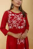 Arsh Handcrafted Deep Red Umbrella Pure Cotton Chikan Dress - arshchikan