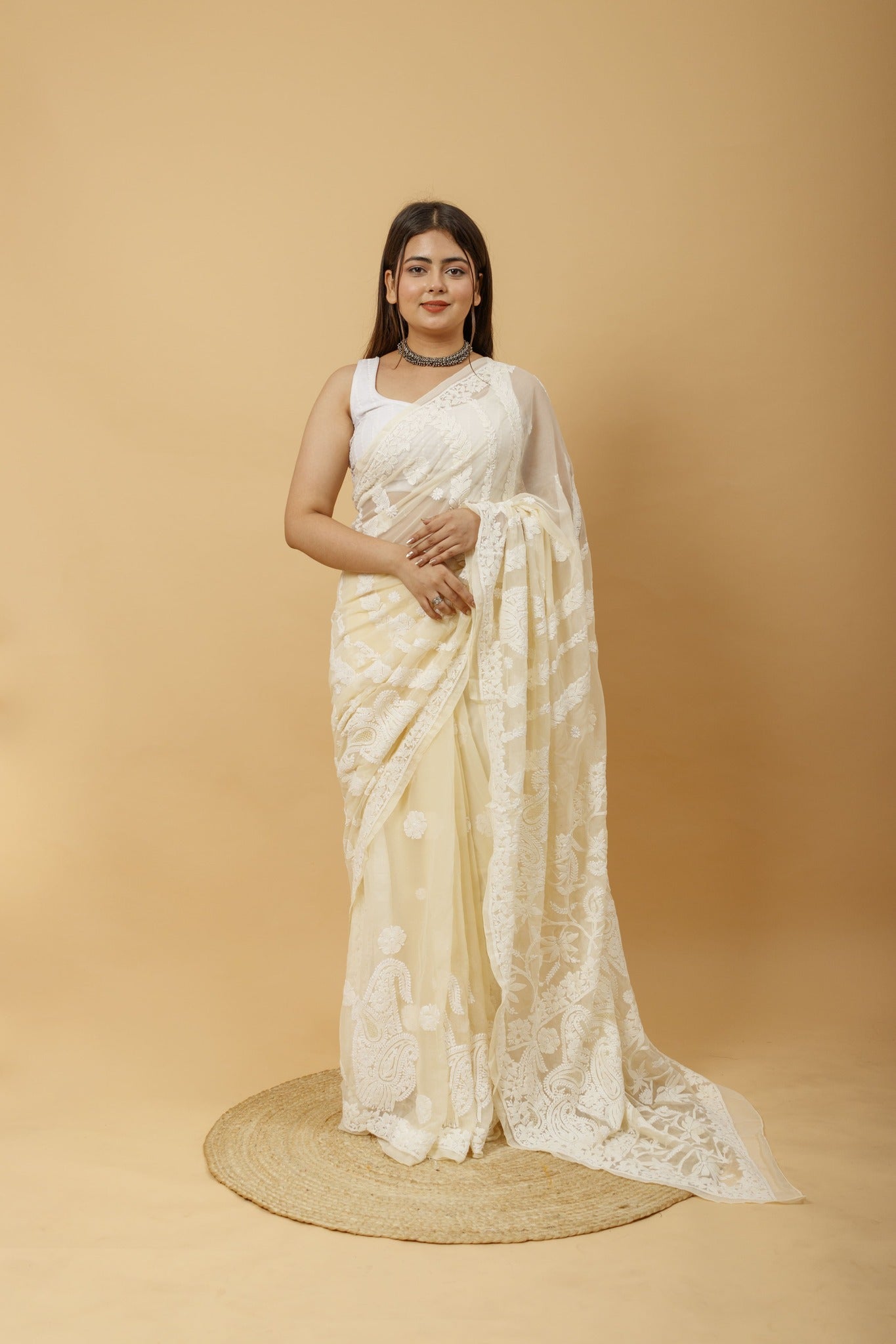 Arsh Handcrafted Semi Georgette Heavy Chikan Embroidered Saree - arshchikan