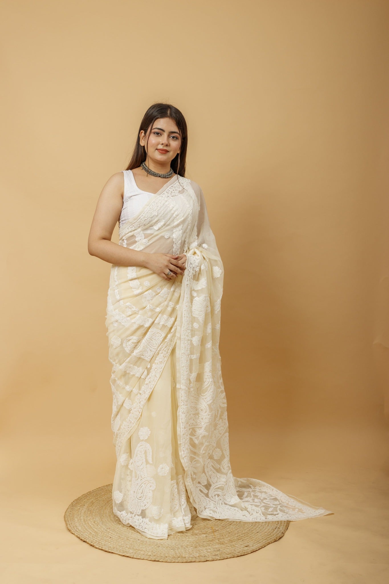 Arsh Handcrafted Semi Georgette Heavy Chikan Embroidered Saree - arshchikan