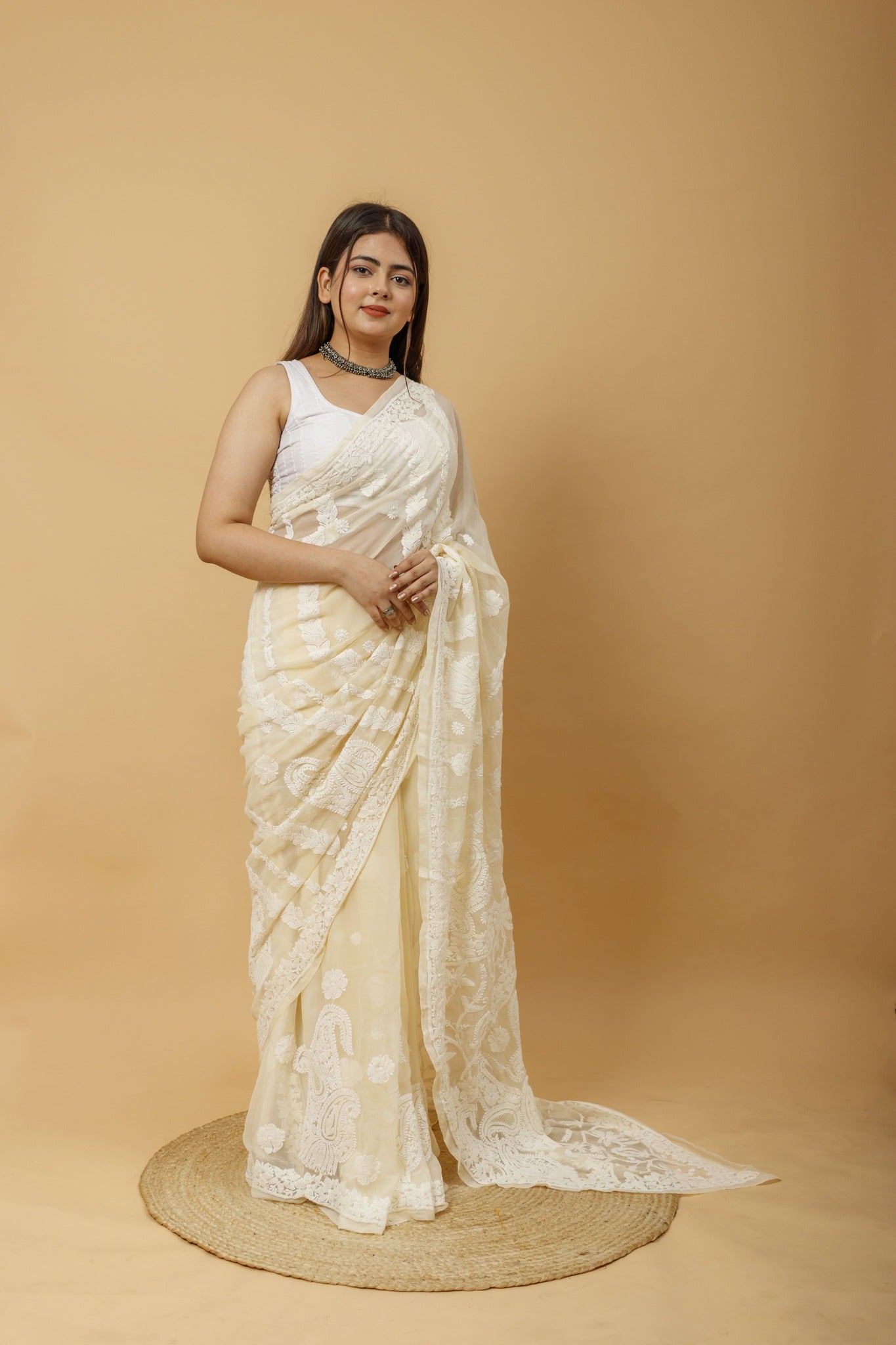 Arsh Handcrafted Semi Georgette Heavy Chikan Embroidered Saree - arshchikan