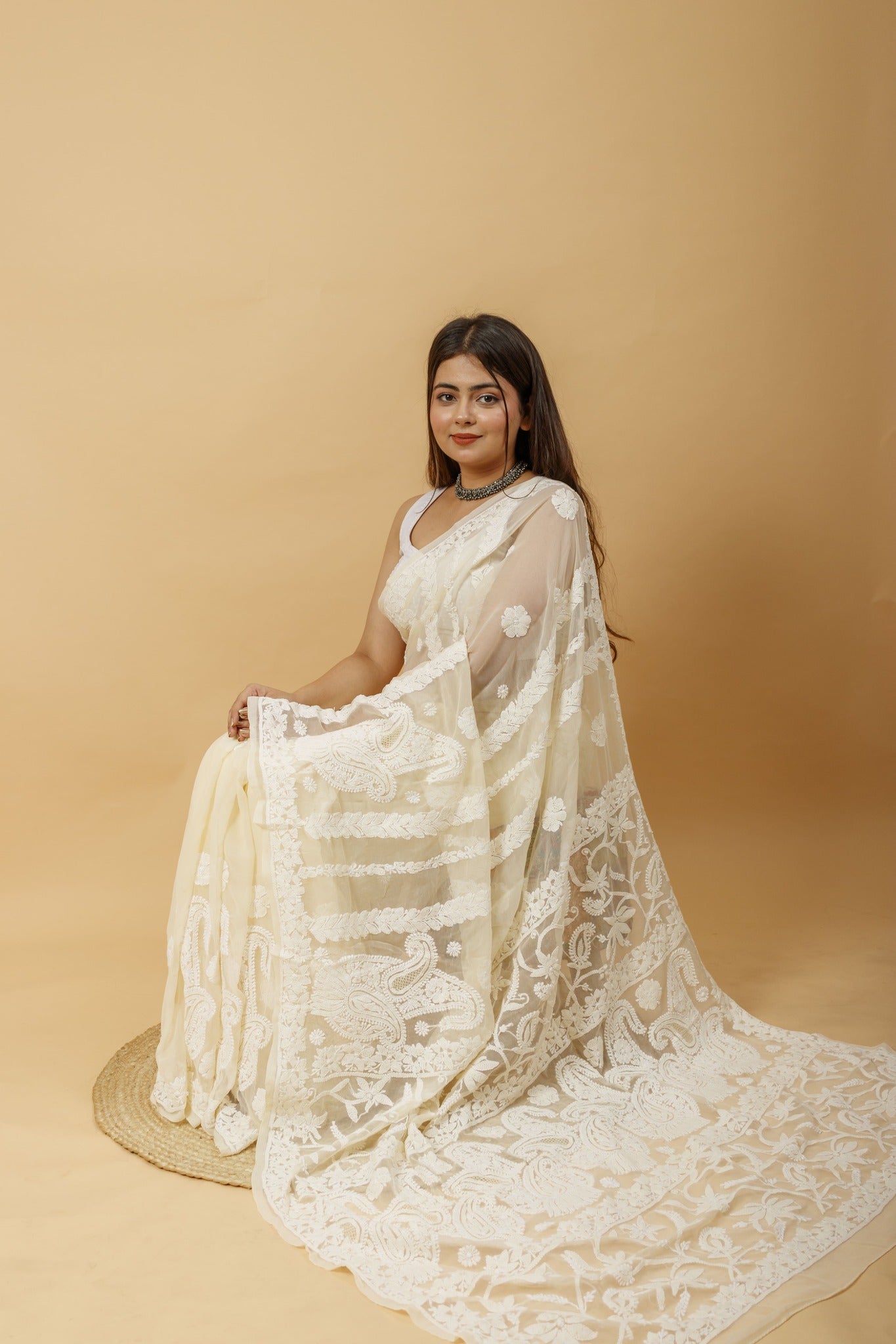 Arsh Handcrafted Semi Georgette Heavy Chikan Embroidered Saree - arshchikan