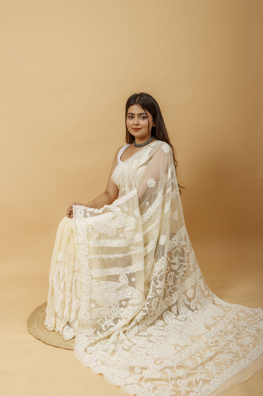 Arsh Handcrafted Semi Georgette Heavy Chikan Embroidered Saree - arshchikan