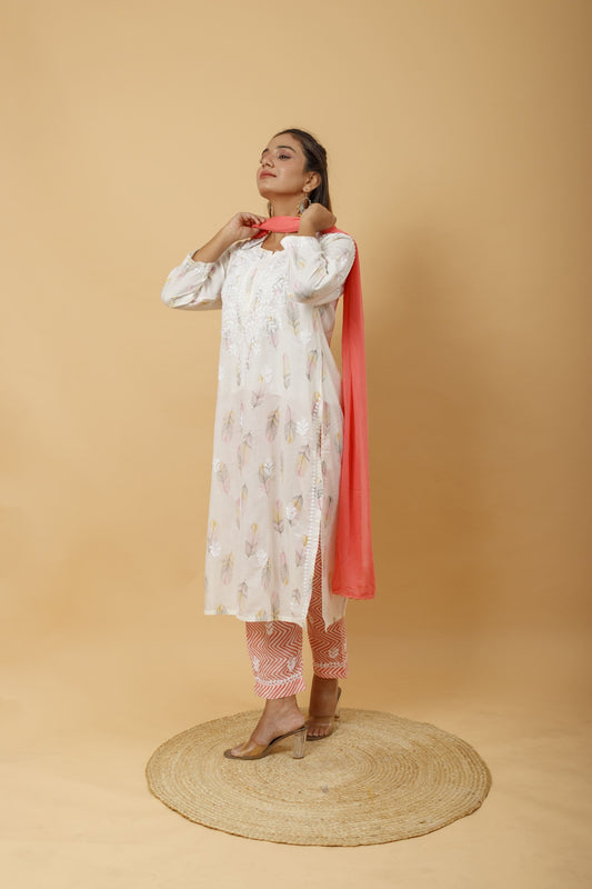 Arsh Handcrafted MulMul Cotton 3pc Kurti, Pant and Dupatta Chikankari Set - arshchikan