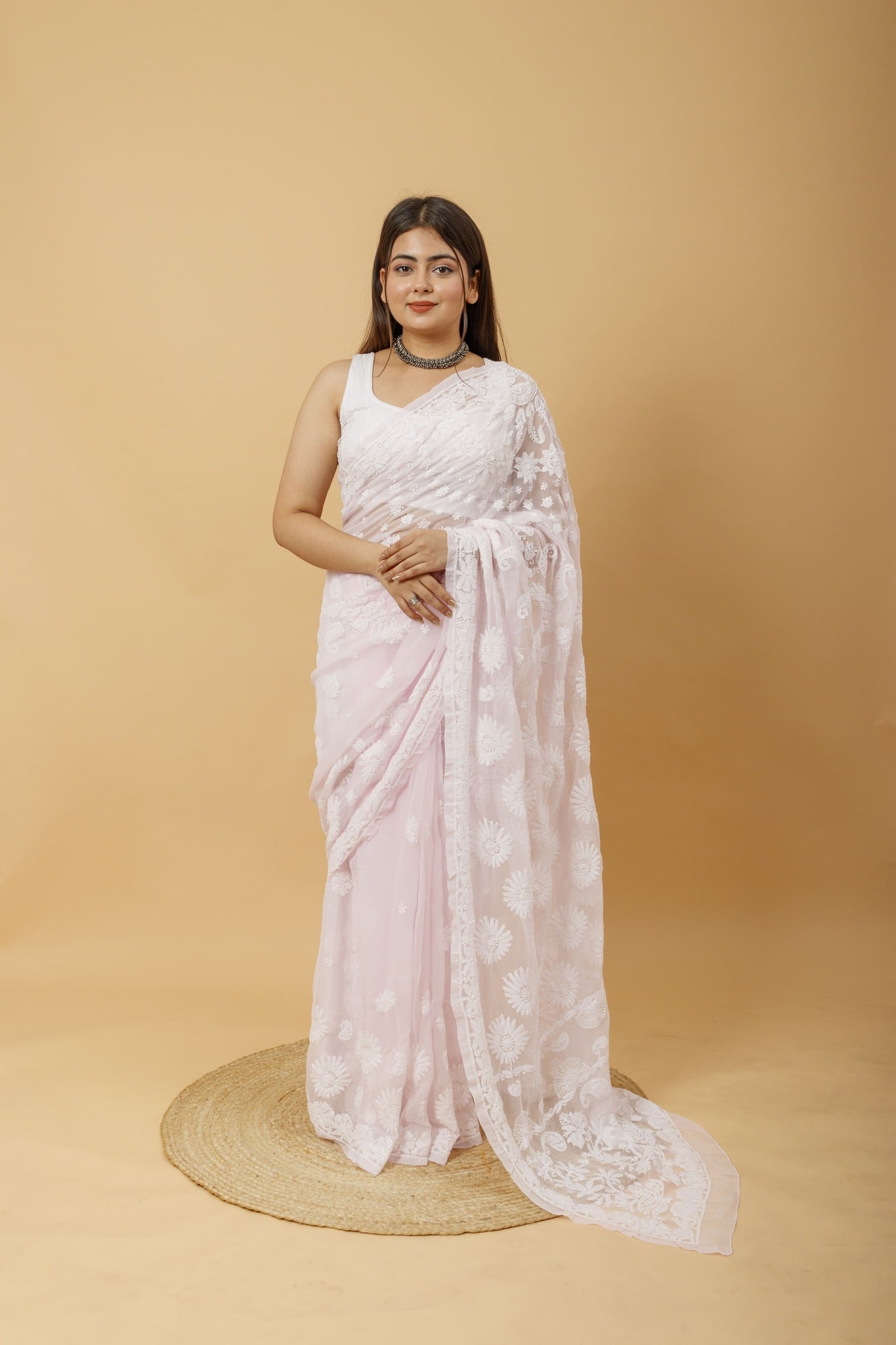 Arsh Handcrafted Semi Georgette Palla Chadi All Over Chikan Embroidered Saree - arshchikan