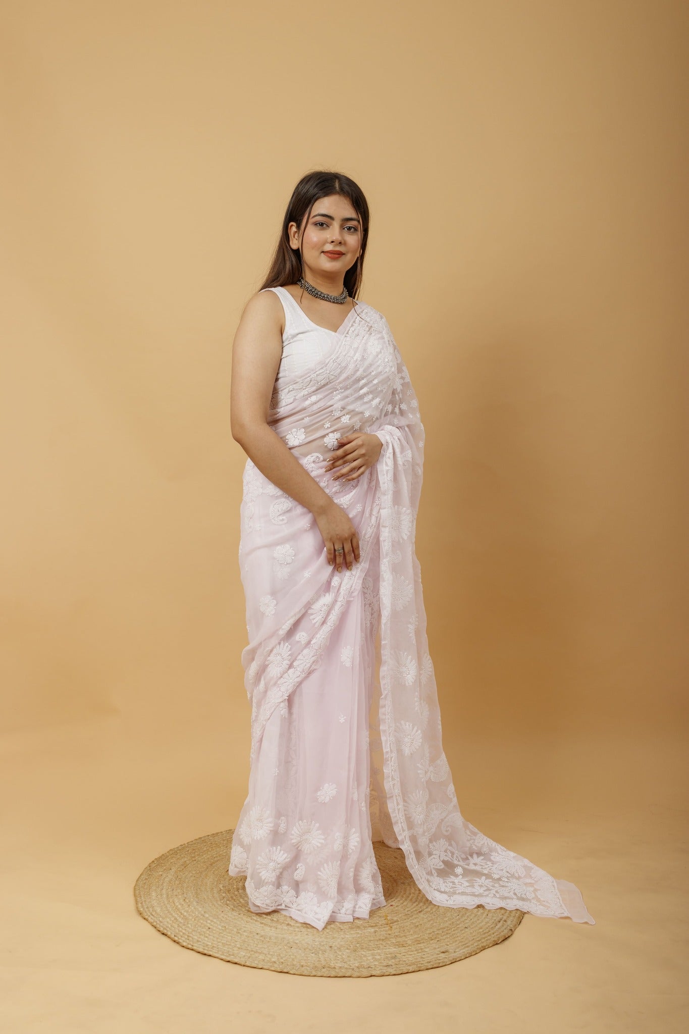 Arsh Handcrafted Semi Georgette Palla Chadi All Over Chikan Embroidered Saree - arshchikan
