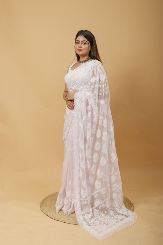 Arsh Handcrafted Semi Georgette Palla Chadi All Over Chikan Embroidered Saree - arshchikan
