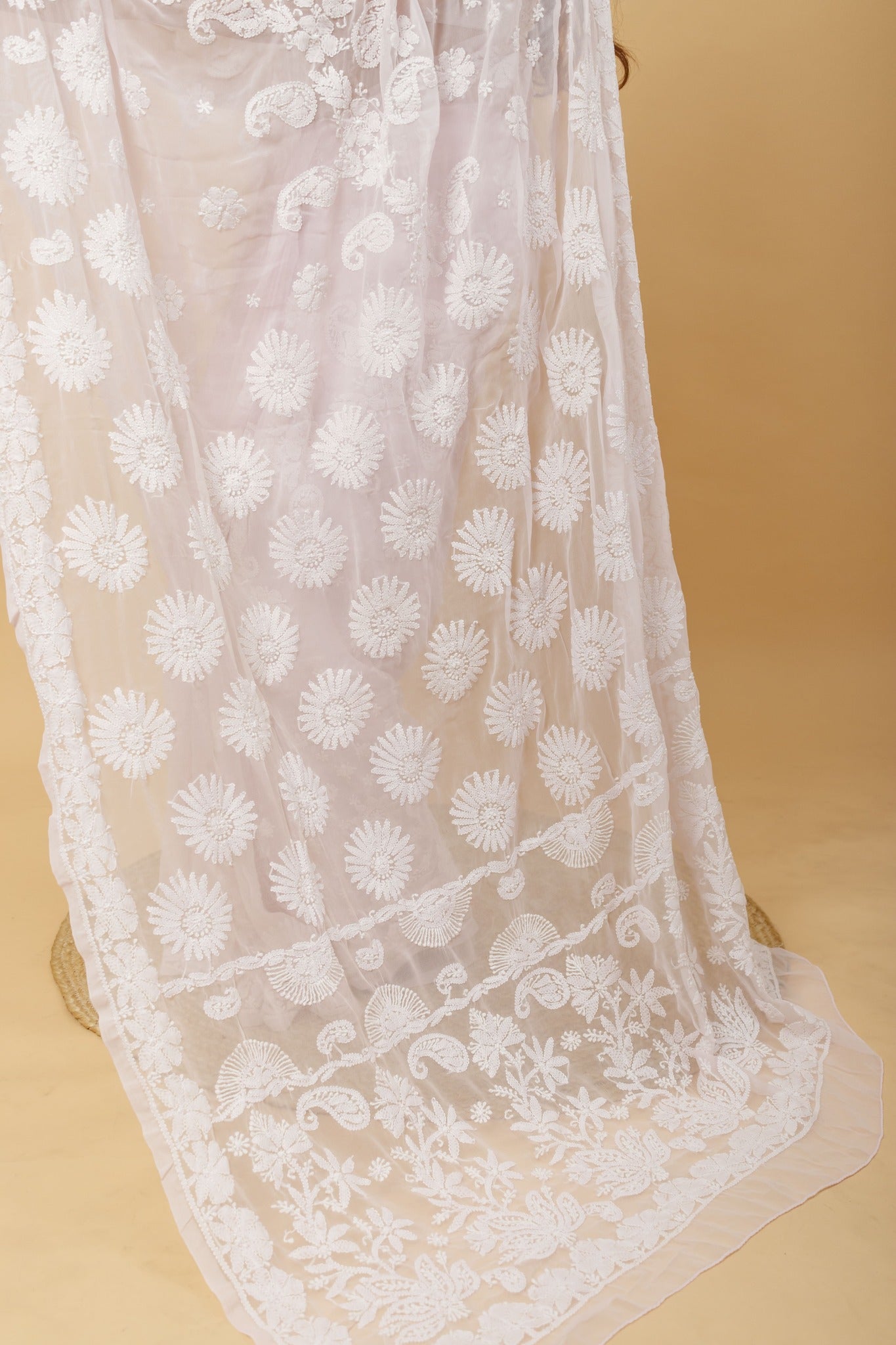 Arsh Handcrafted Semi Georgette Palla Chadi All Over Chikan Embroidered Saree - arshchikan