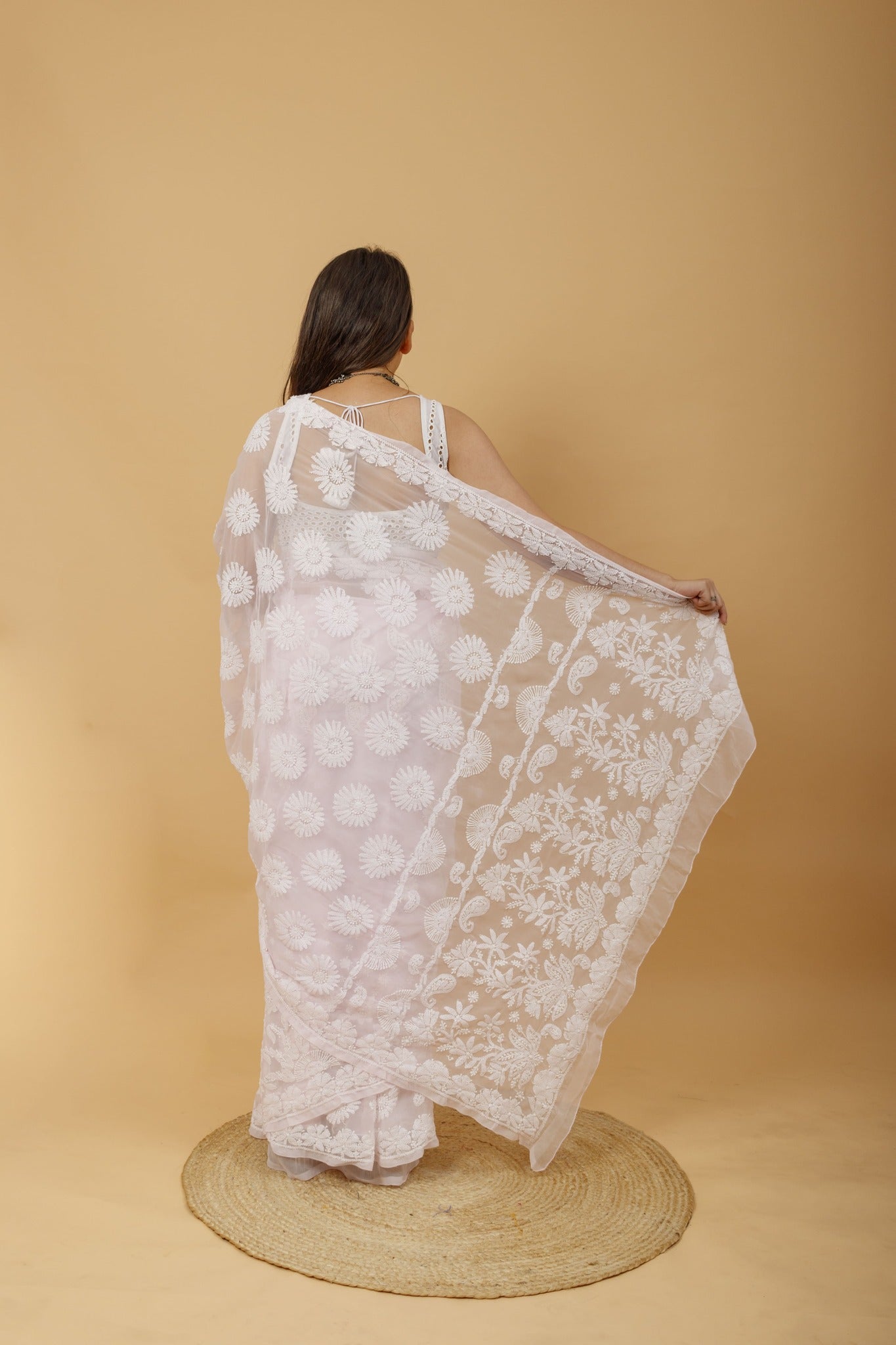 Arsh Handcrafted Semi Georgette Palla Chadi All Over Chikan Embroidered Saree - arshchikan