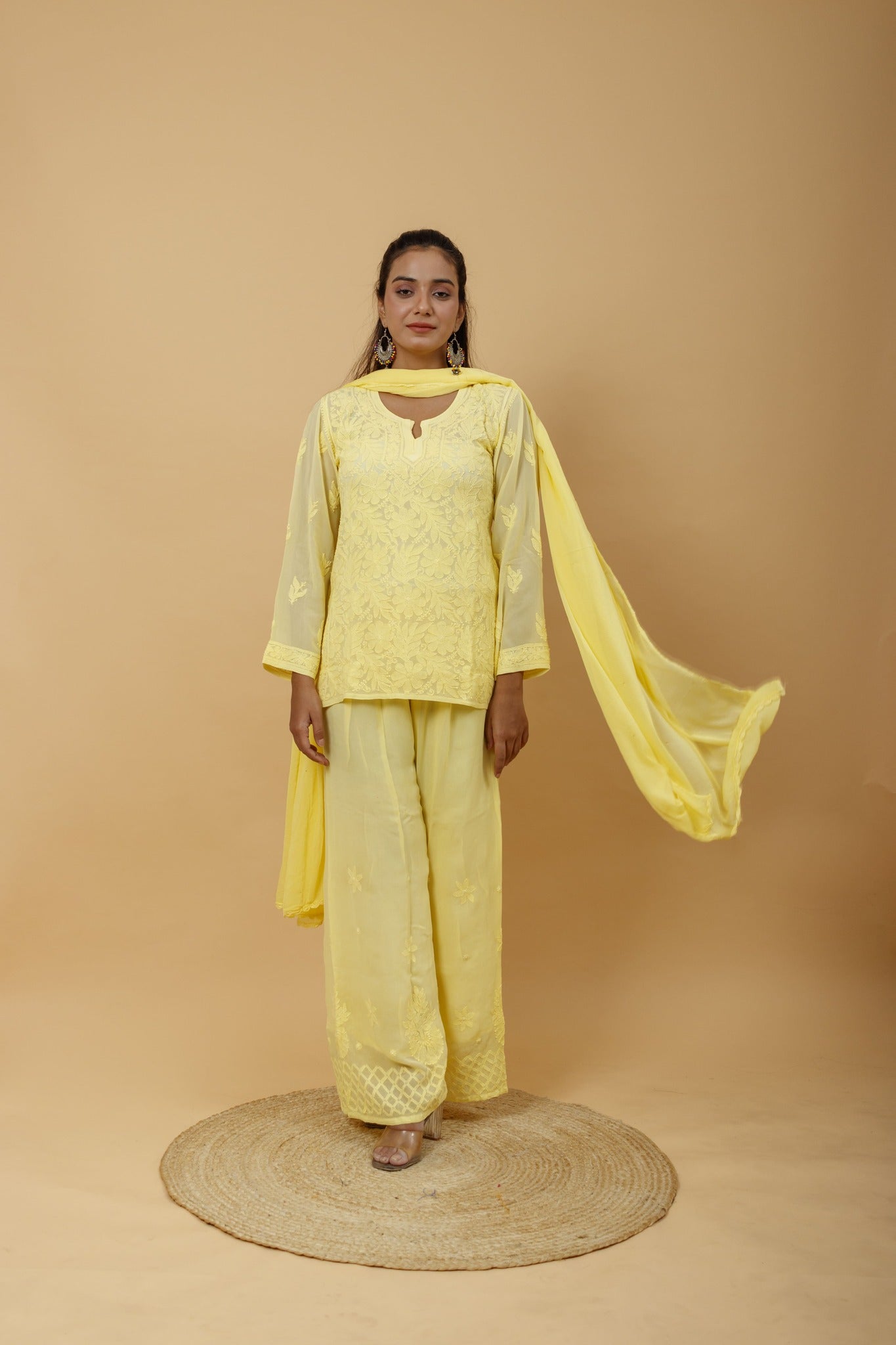 Arsh Handcrafted Top, Dupatta and Plazzo Set dyed in Lemon Yellow Colour - arshchikan