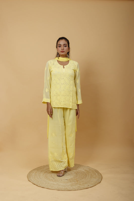 Arsh Handcrafted Top, Dupatta and Plazzo Set dyed in Lemon Yellow Colour - arshchikan