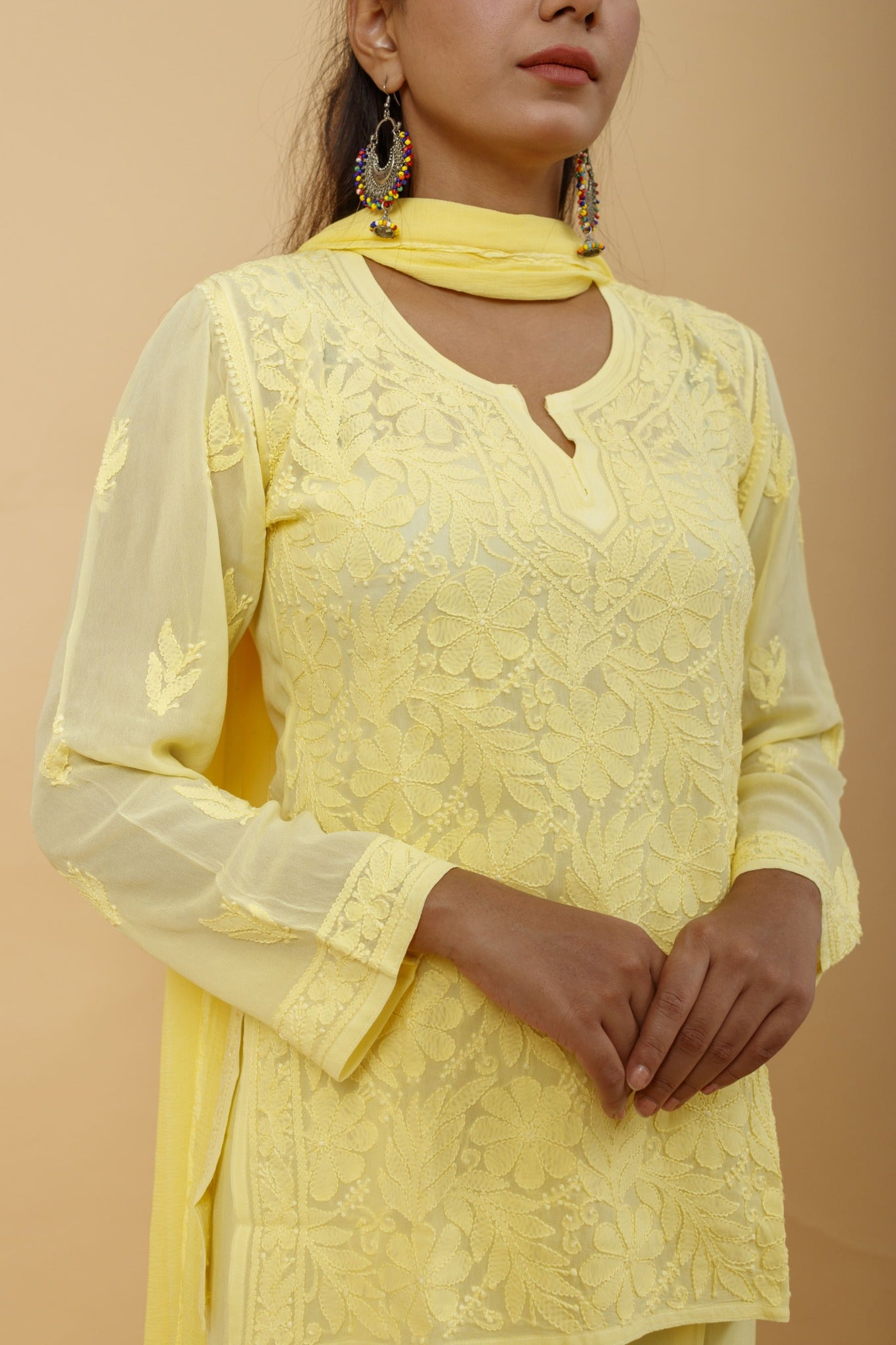 Arsh Handcrafted Top, Dupatta and Plazzo Set dyed in Lemon Yellow Colour - arshchikan