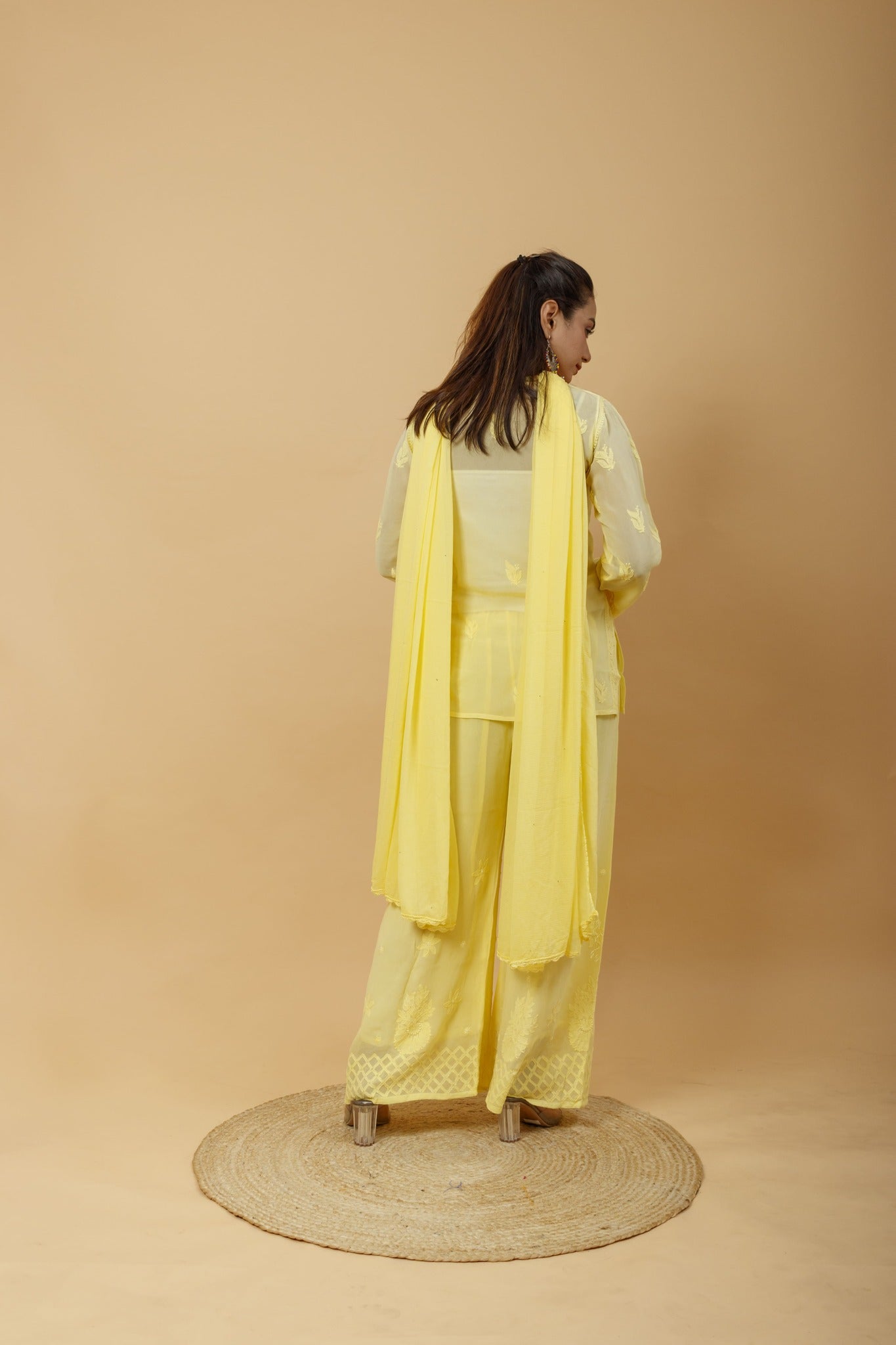 Arsh Handcrafted Top, Dupatta and Plazzo Set dyed in Lemon Yellow Colour - arshchikan