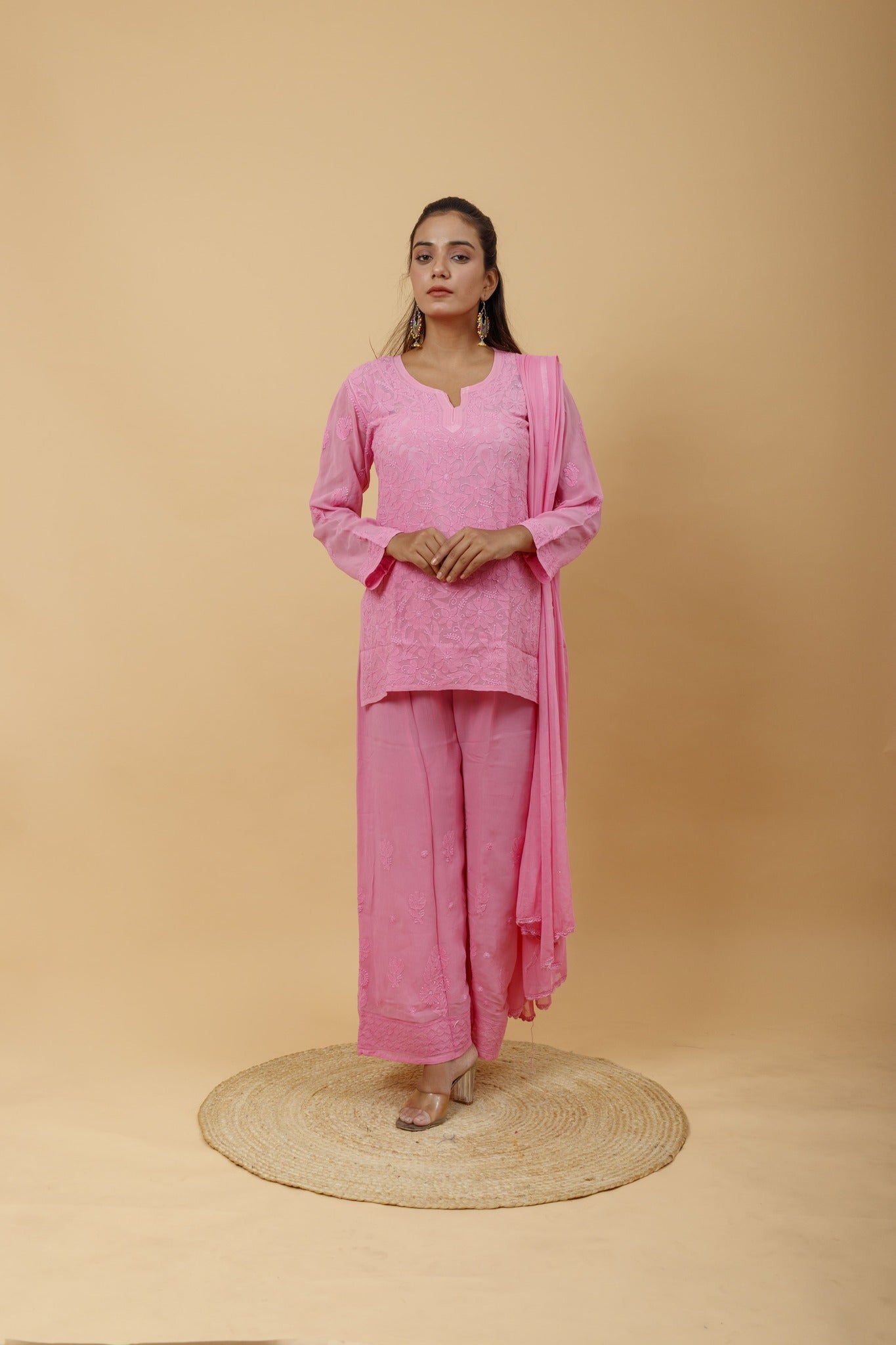 Arsh Handcrafted Top, Dupatta and Plazzo Set dyed in Onion Pink Colour - arshchikan