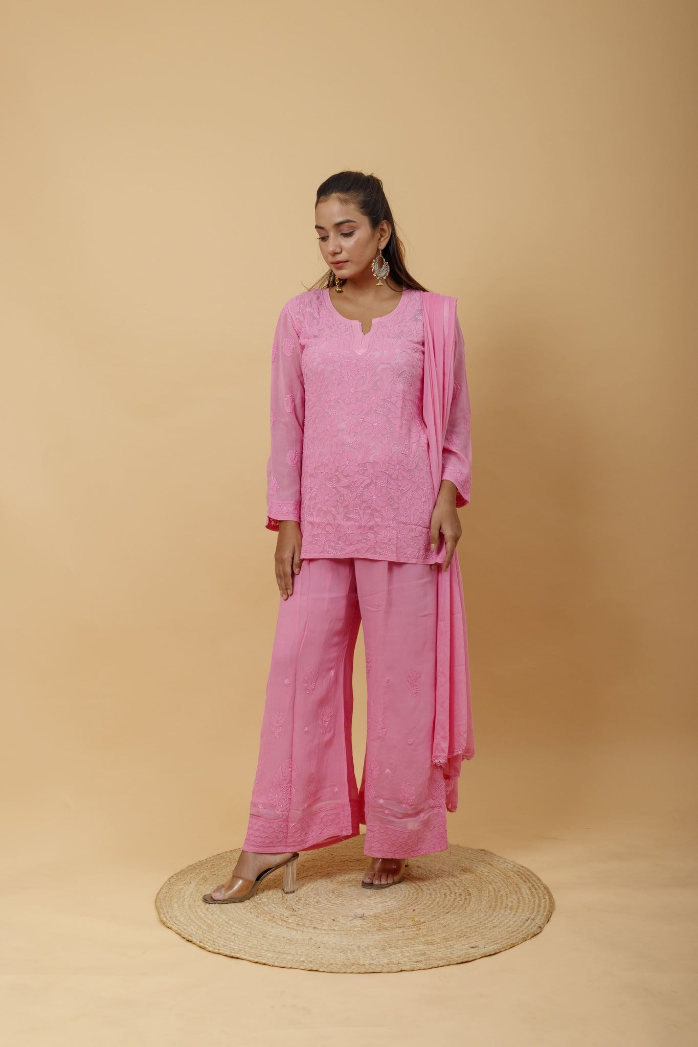 Arsh Handcrafted Top, Dupatta and Plazzo Set dyed in Onion Pink Colour - arshchikan