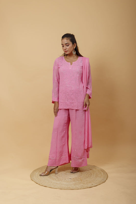 Arsh Handcrafted Top, Dupatta and Plazzo Set dyed in Onion Pink Colour - arshchikan
