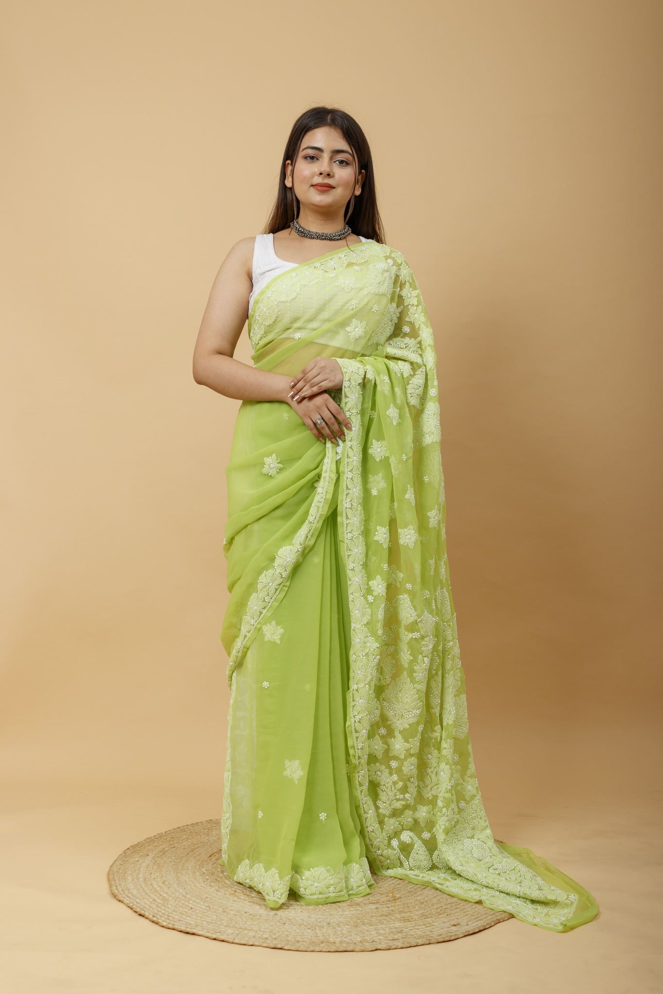 Arsh Handcrafted Semi Georgette Heavy Palla Chikan Embroidered Saree - arshchikan