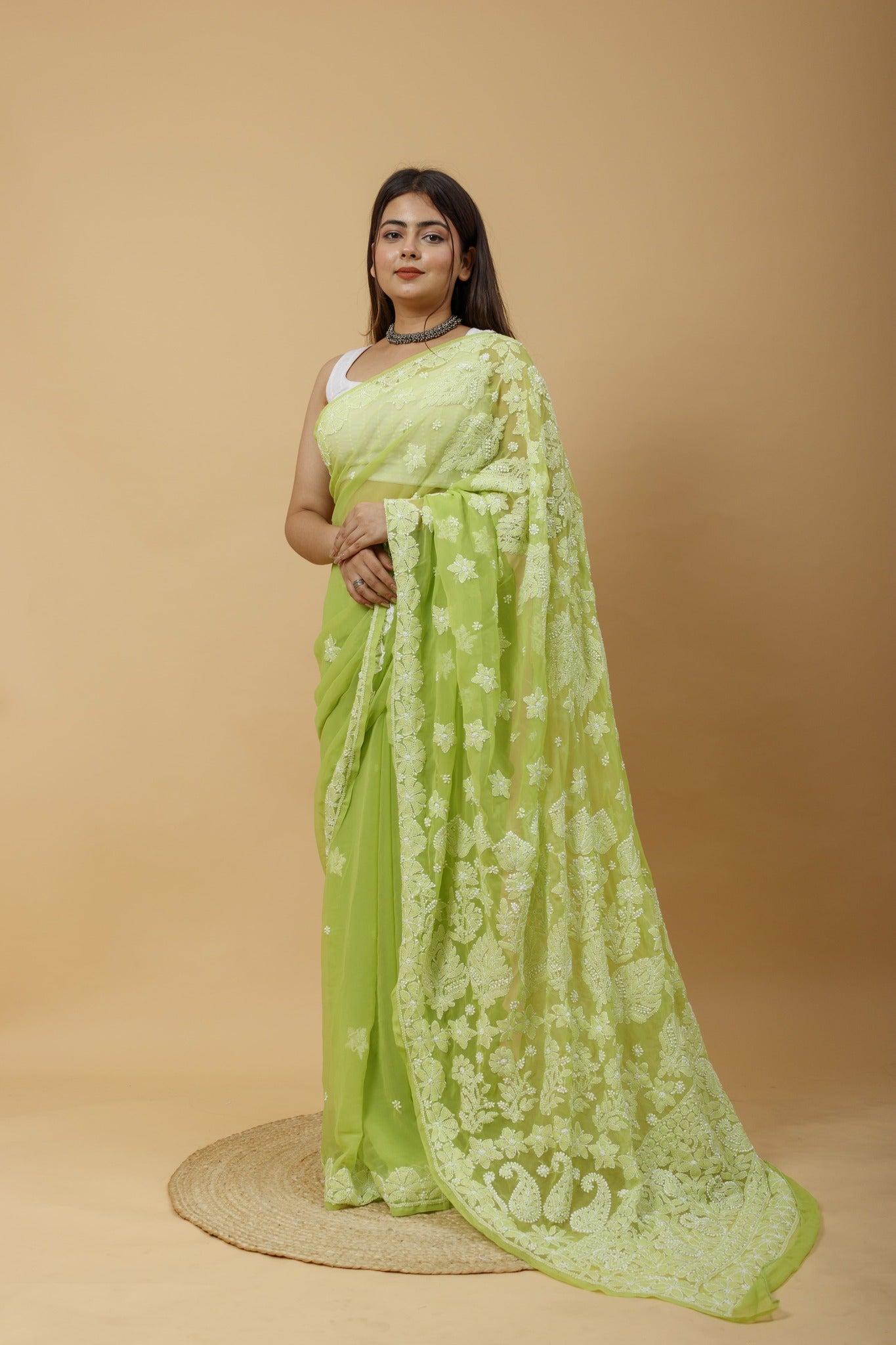 Arsh Handcrafted Semi Georgette Heavy Palla Chikan Embroidered Saree - arshchikan