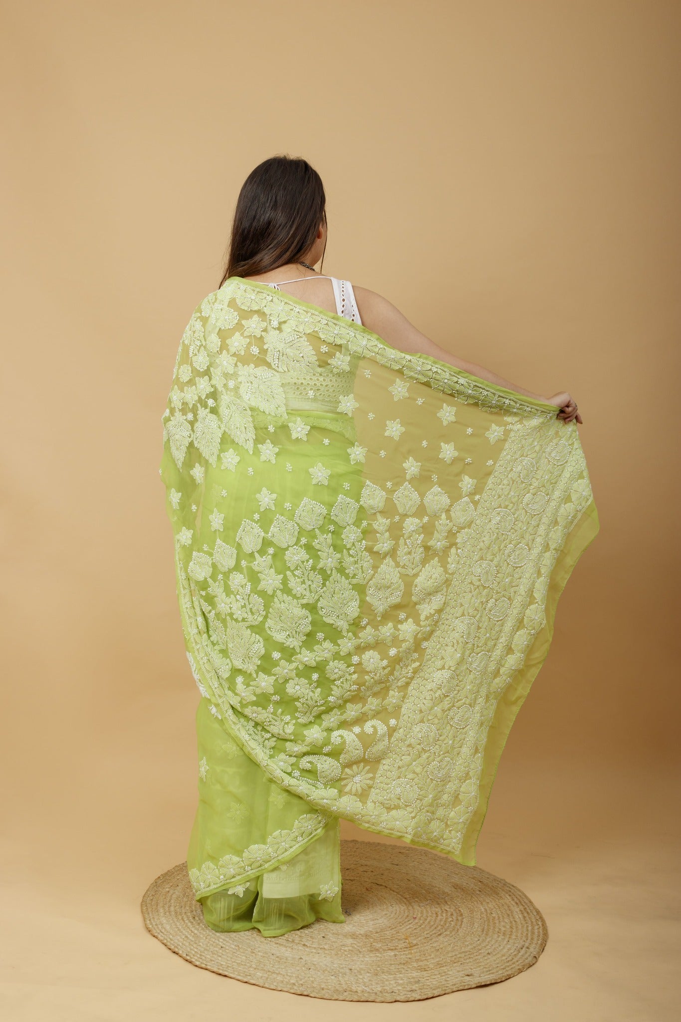 Arsh Handcrafted Semi Georgette Heavy Palla Chikan Embroidered Saree - arshchikan
