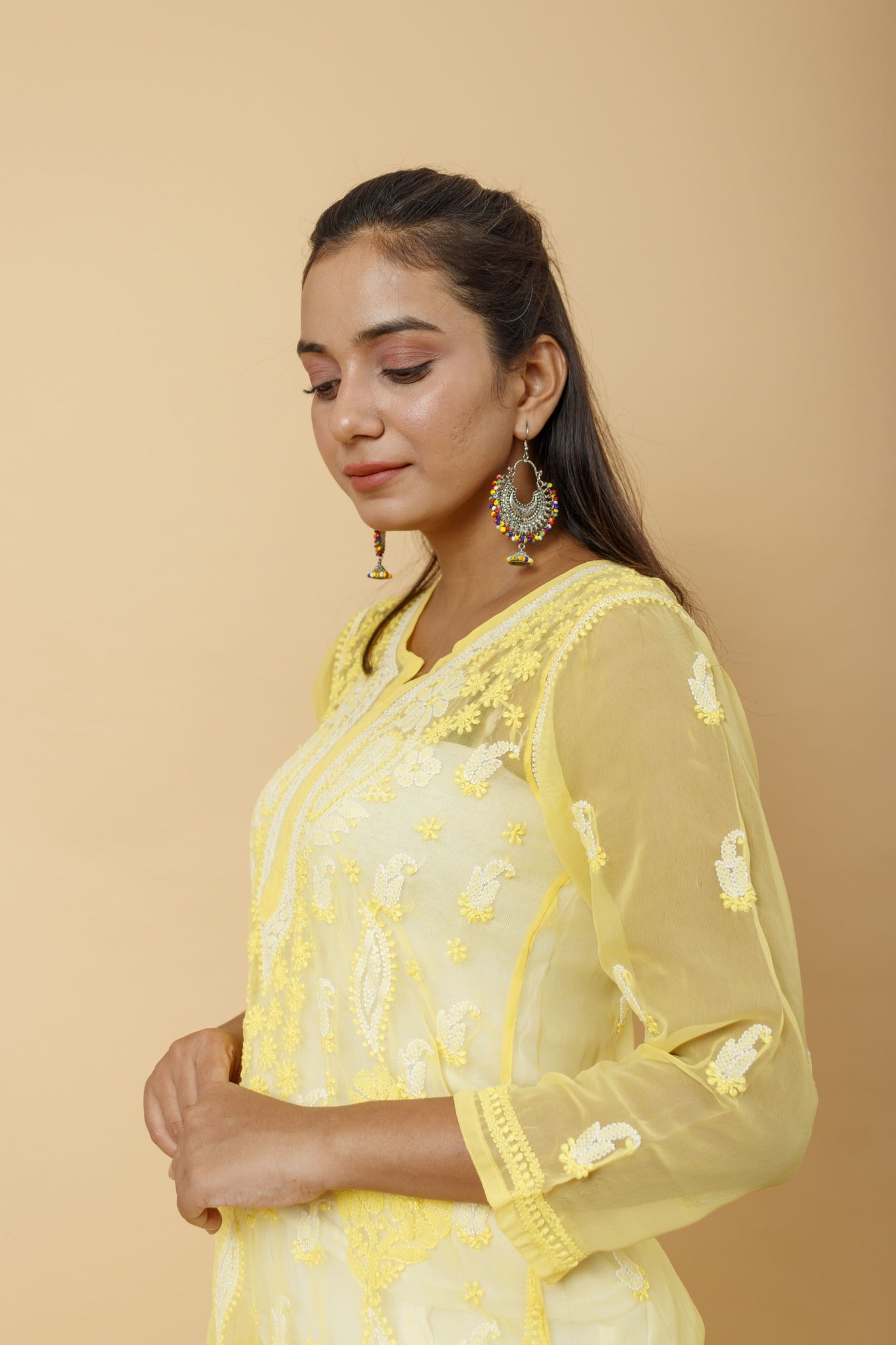 Arsh Handcrafted Yellow Semi Georgette Chikan Kurti - arshchikan