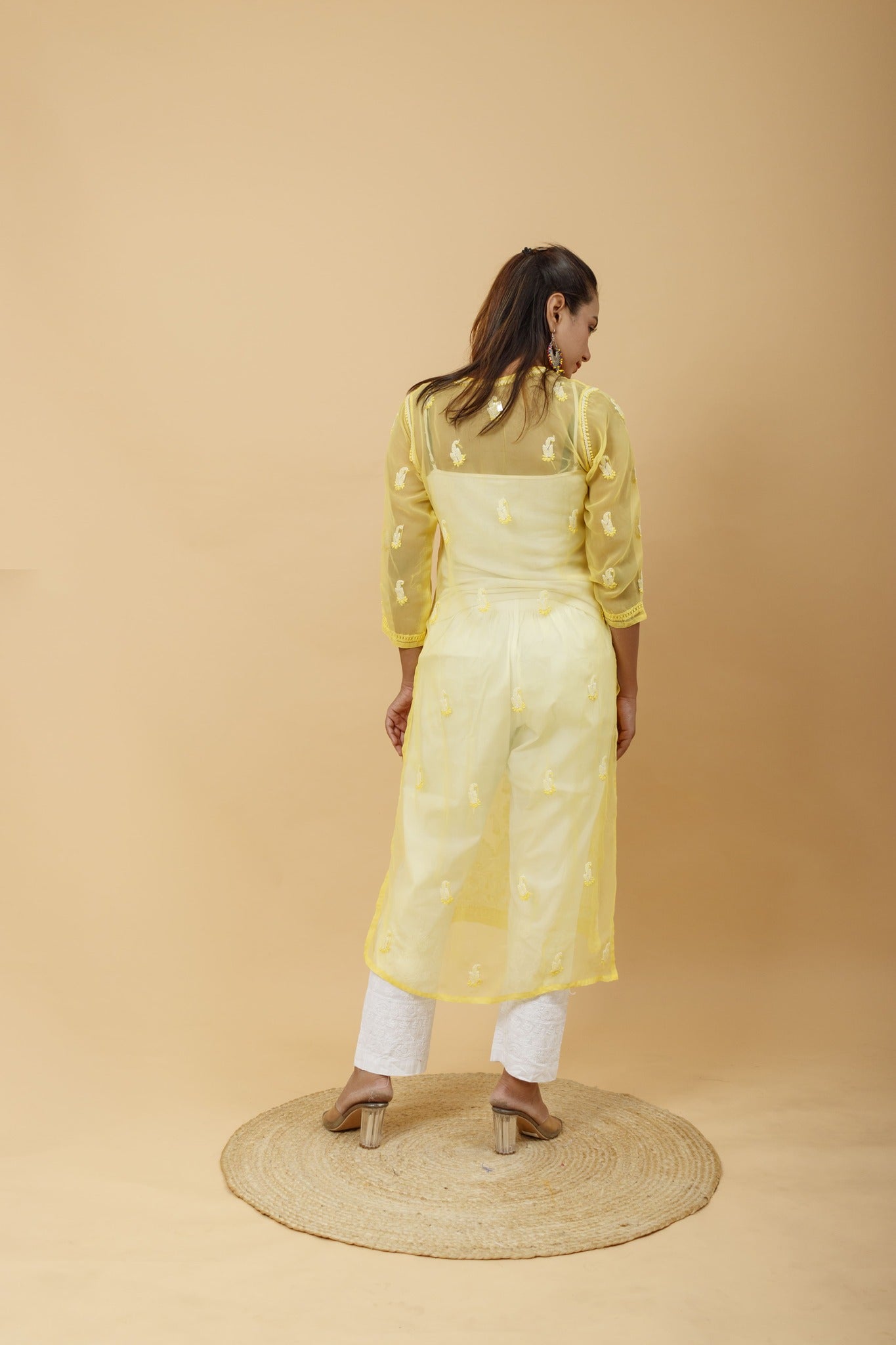Arsh Handcrafted Yellow Semi Georgette Chikan Kurti - arshchikan
