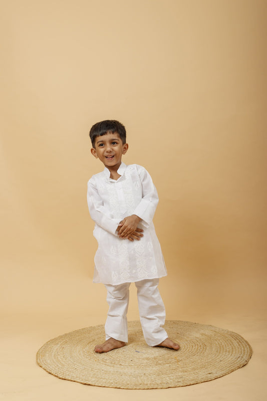 Arsh Handcrafted Boys White Kurta Pajama Chikankari Set - arshchikan