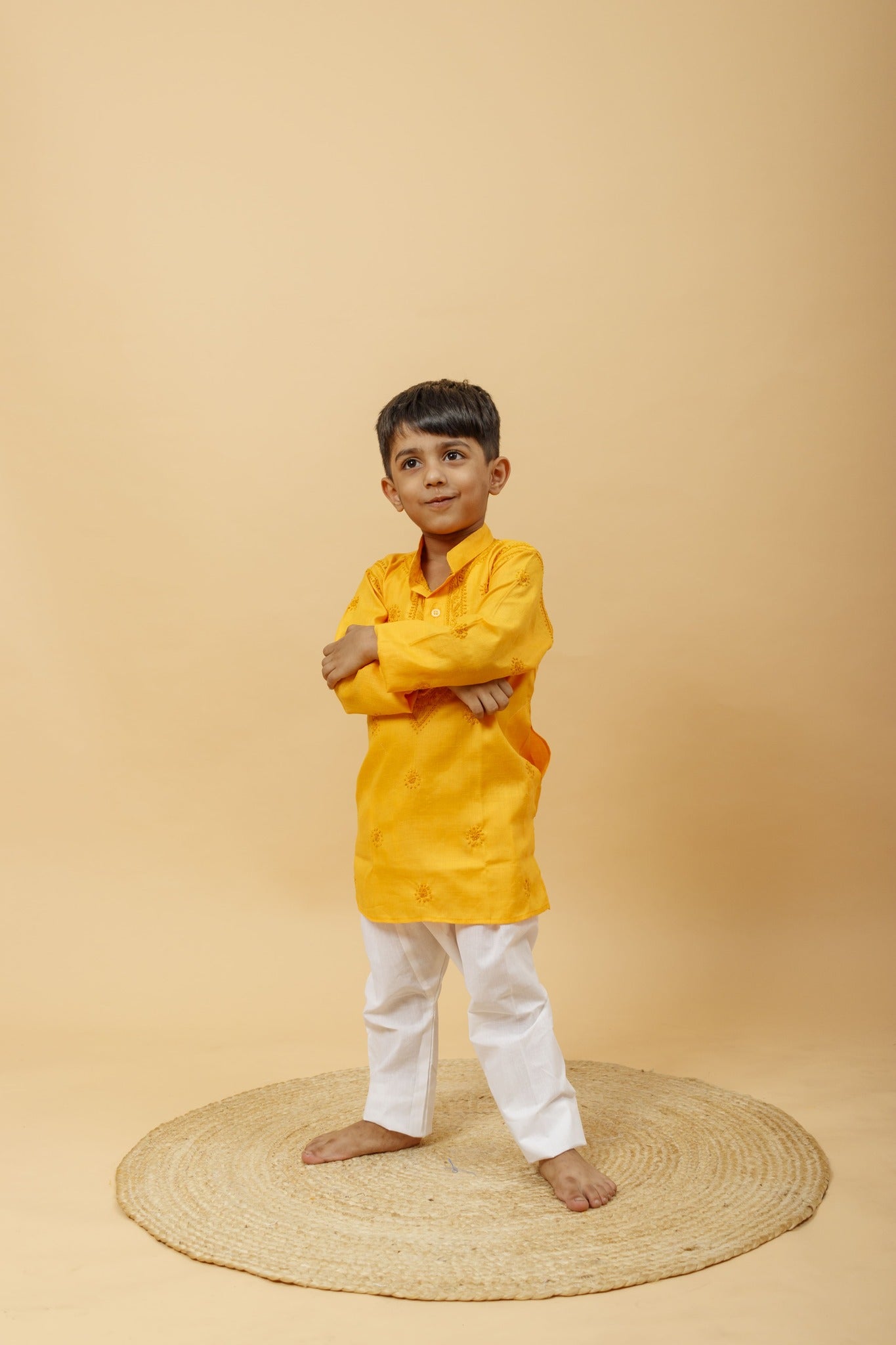 Arsh Handcrafted Boys Kurta Pajama Chikankari Set in Mango Yellow Colour - arshchikan