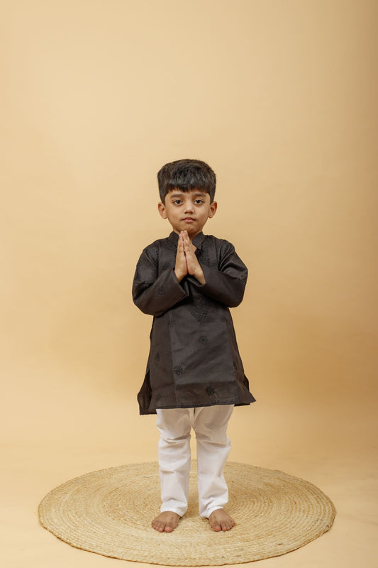 Arsh Handcrafted Boys Kurta Pajama Chikankari Set in Black Colour - arshchikan