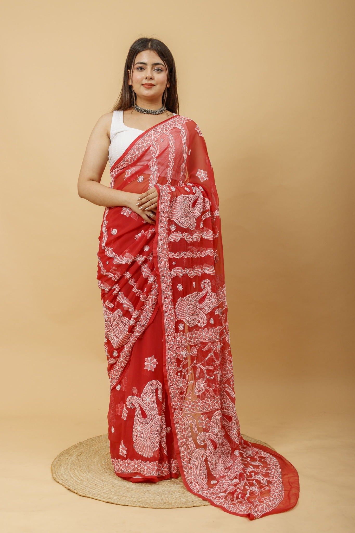 Arsh Handcrafted Semi Georgette Heavy Chikan Embroidered Saree - arshchikan