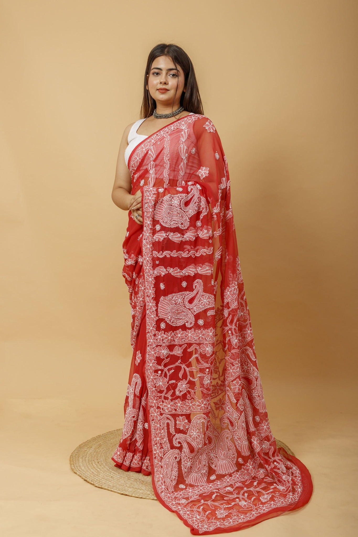 Arsh Handcrafted Semi Georgette Heavy Chikan Embroidered Saree - arshchikan