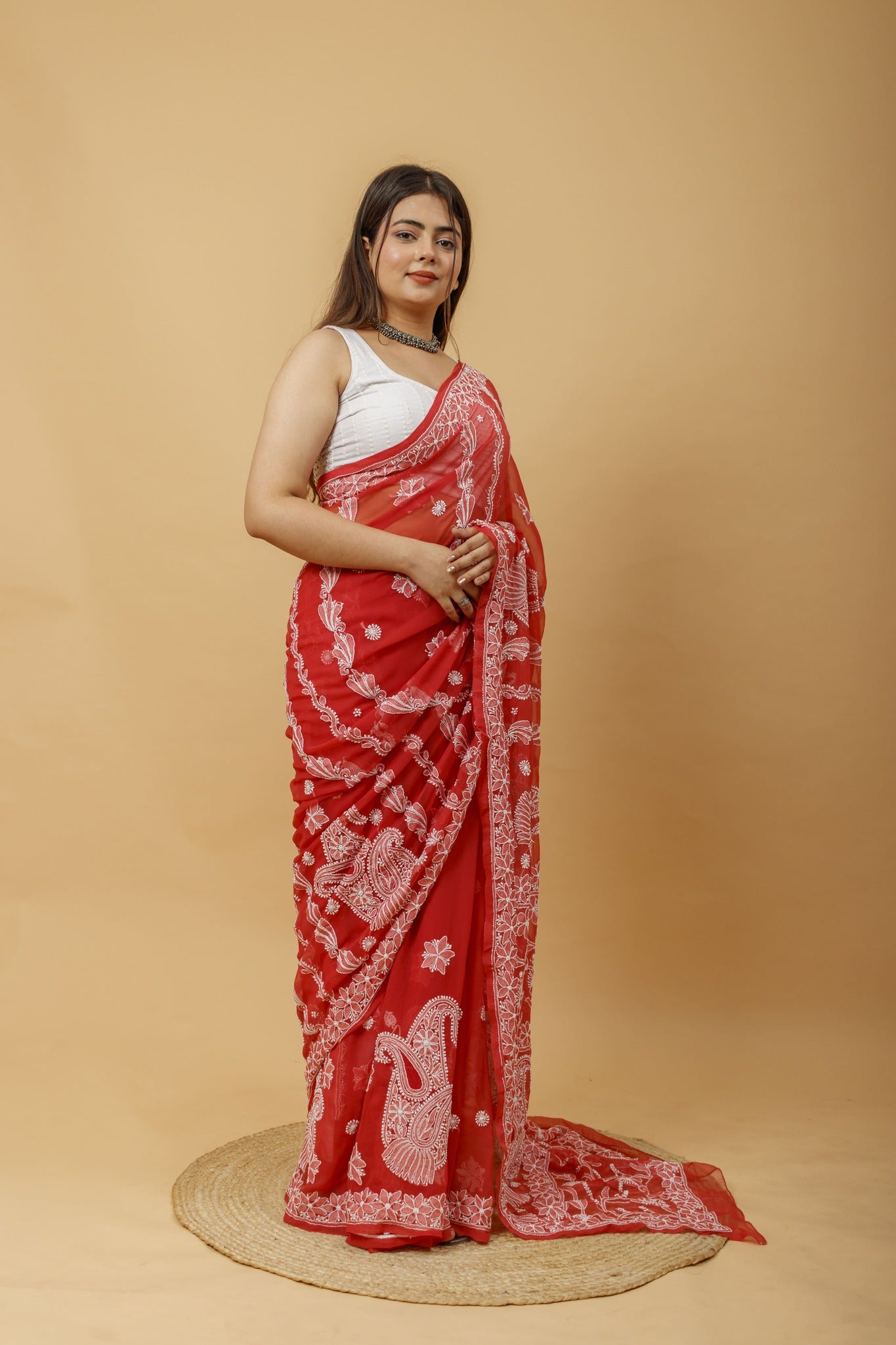 Arsh Handcrafted Semi Georgette Heavy Chikan Embroidered Saree - arshchikan