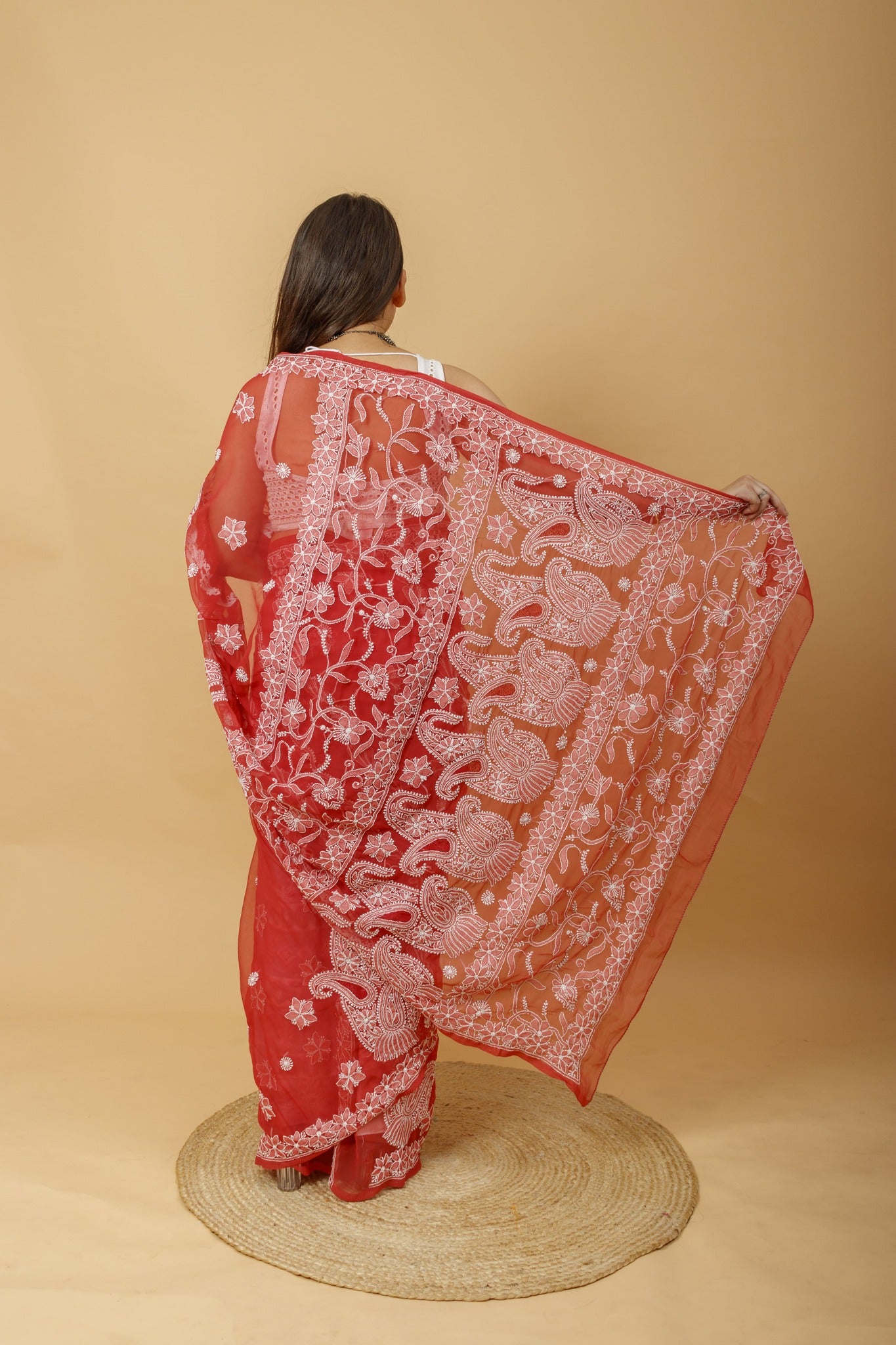 Arsh Handcrafted Semi Georgette Heavy Chikan Embroidered Saree - arshchikan