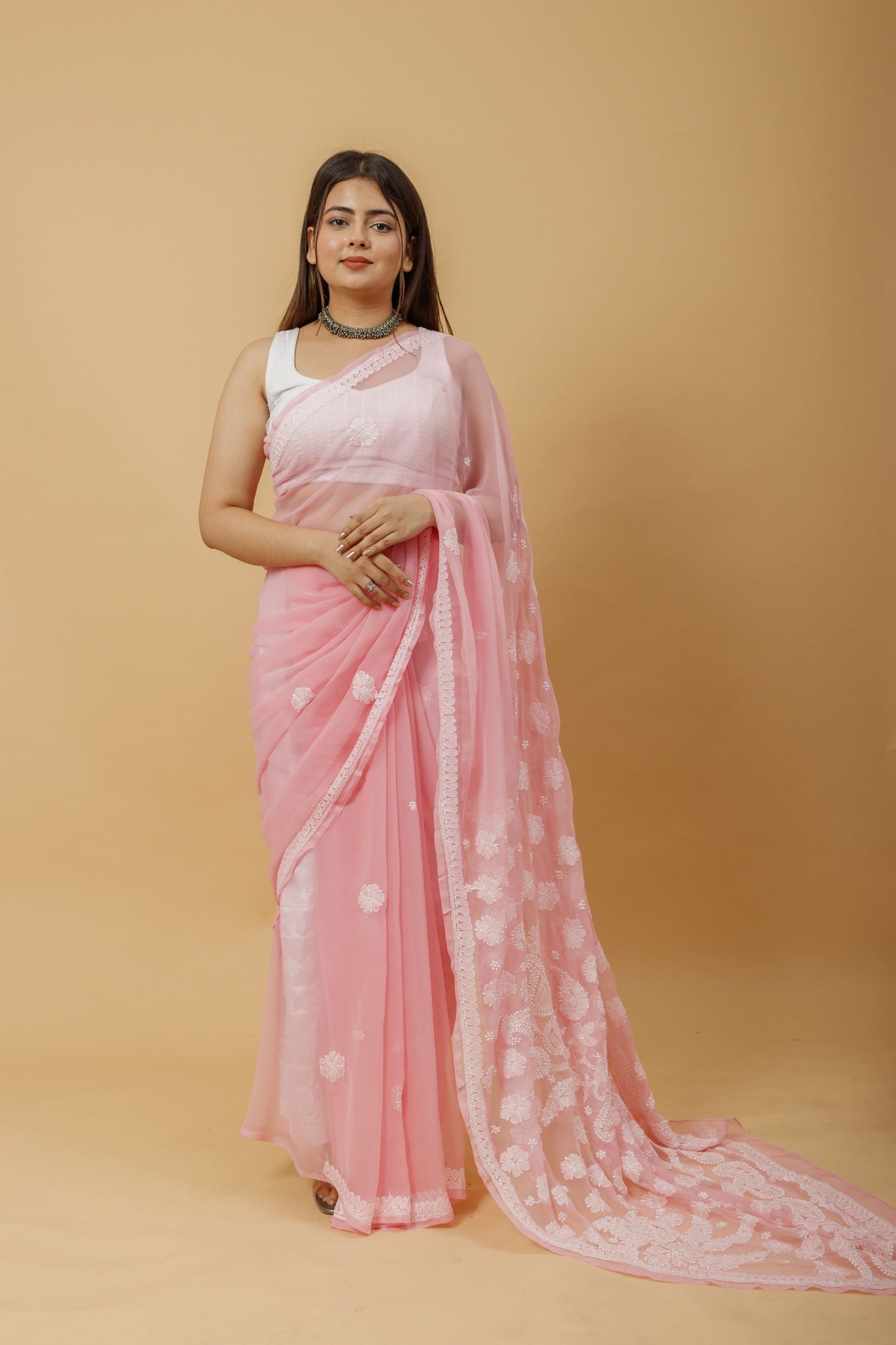 Arsh Handcrafted Semi Georgette Heavy Palla Chikan Embroidered Saree - arshchikan