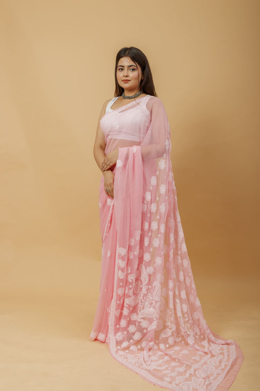 Arsh Handcrafted Semi Georgette Heavy Palla Chikan Embroidered Saree - arshchikan