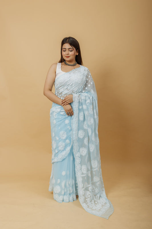 Arsh Handcrafted Semi Georgette Palla Chadi All Over Chikan Embroidered Saree - arshchikan
