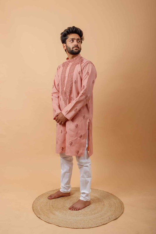 Arsh Handcrafted Peach Gala Booti Pure Cotton Men's Kurta - arshchikan