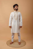 Arsh Handcrafted Off White Neck Embroidered Pure Cotton Men's Kurta - arshchikan