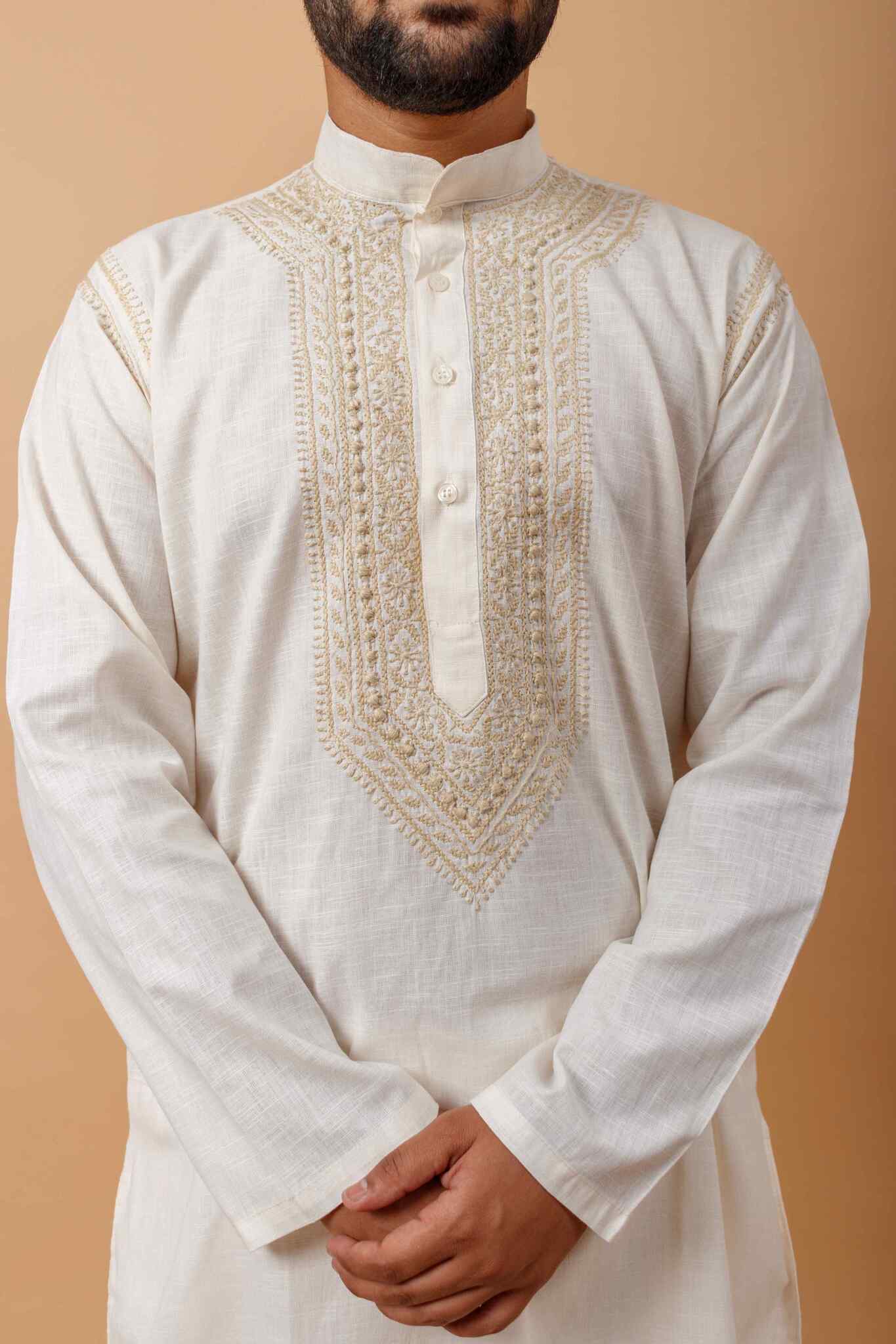 Arsh Handcrafted Off White Neck Embroidered Pure Cotton Men's Kurta - arshchikan