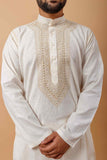 Arsh Handcrafted Off White Neck Embroidered Pure Cotton Men's Kurta - arshchikan