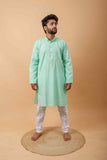 Arsh Handcrafted Mint Green Neck Embroidered Pure Cotton Men's Kurta - arshchikan