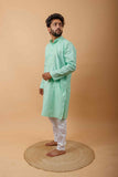 Arsh Handcrafted Mint Green Neck Embroidered Pure Cotton Men's Kurta - arshchikan