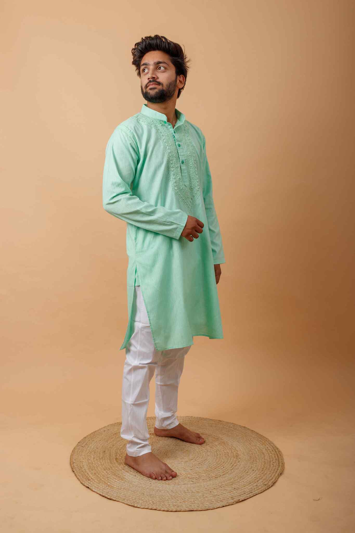 Arsh Handcrafted Mint Green Neck Embroidered Pure Cotton Men's Kurta - arshchikan