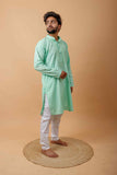 Arsh Handcrafted Mint Green Neck Embroidered Pure Cotton Men's Kurta - arshchikan