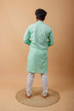 Arsh Handcrafted Mint Green Neck Embroidered Pure Cotton Men's Kurta - arshchikan