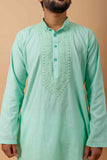 Arsh Handcrafted Mint Green Neck Embroidered Pure Cotton Men's Kurta - arshchikan