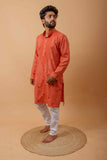 Arsh Handcrafted Orange Gala Booti Pure Cotton Men's Kurta - arshchikan