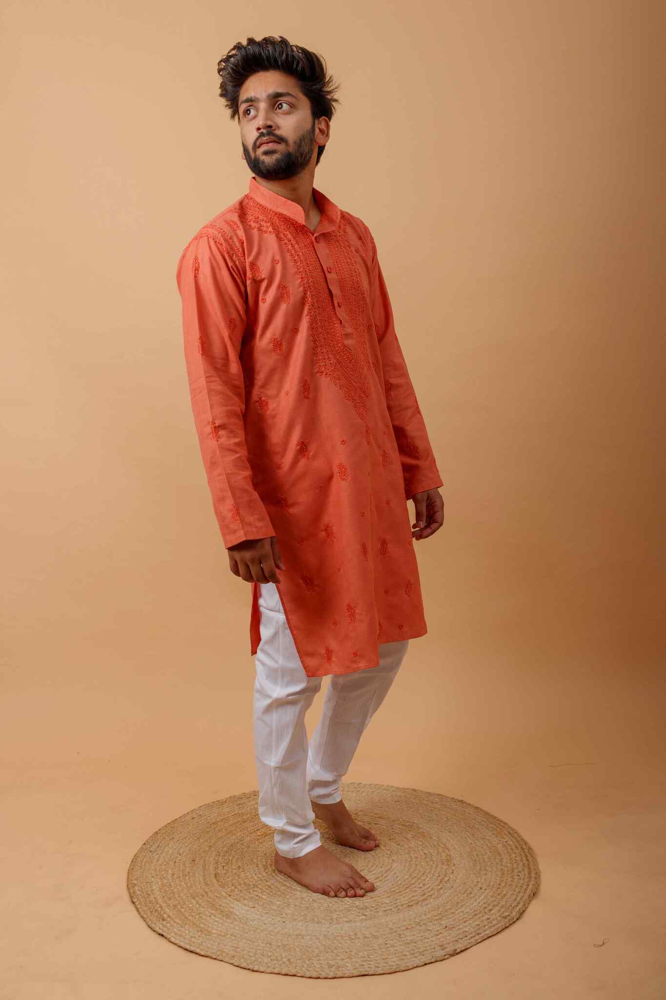 Arsh Handcrafted Orange Gala Booti Pure Cotton Men's Kurta - arshchikan