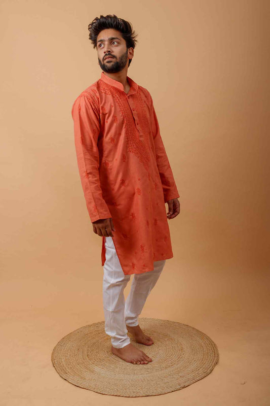 Arsh Handcrafted Orange Gala Booti Pure Cotton Men's Kurta - arshchikan