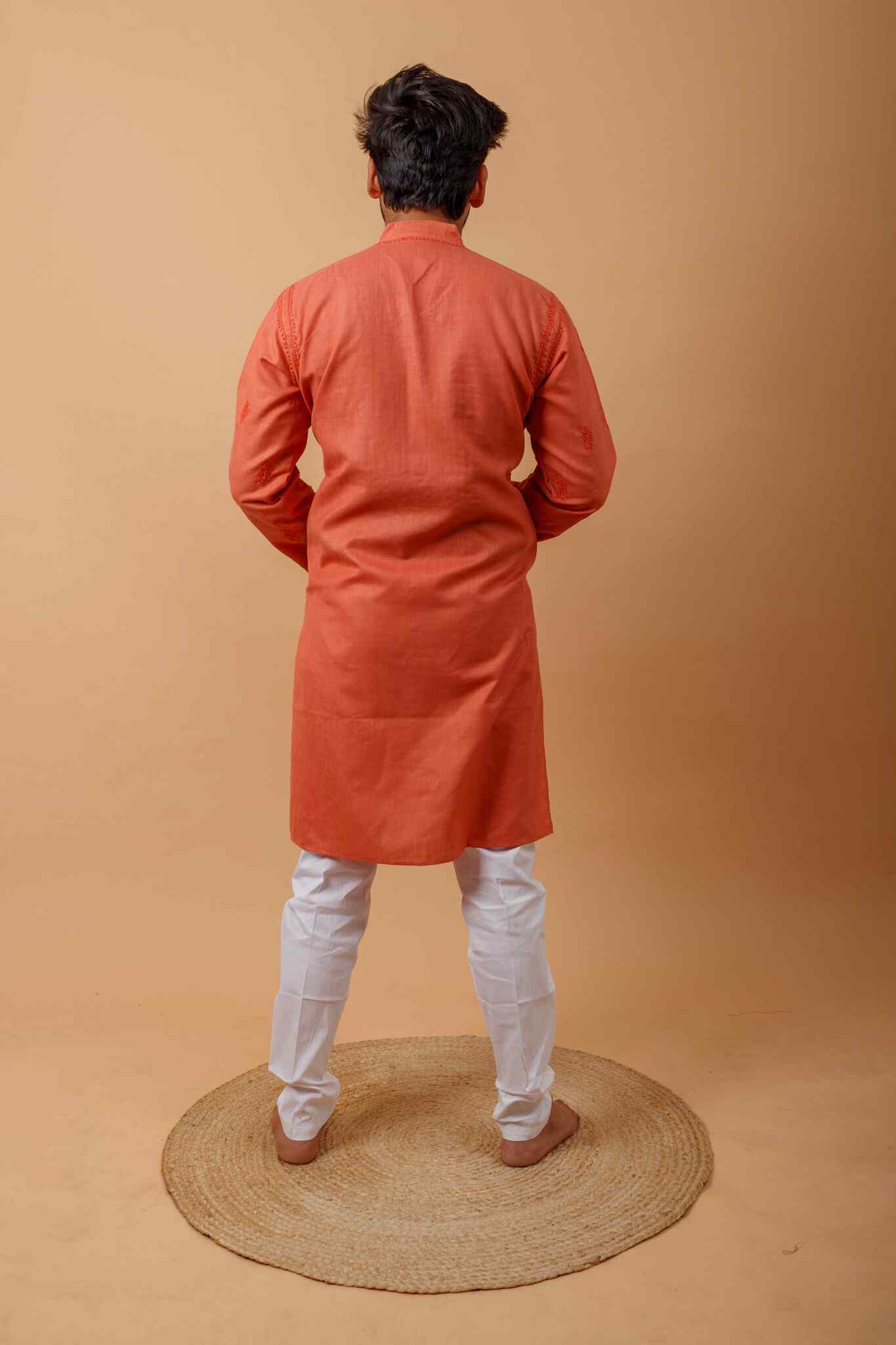 Arsh Handcrafted Orange Gala Booti Pure Cotton Men's Kurta - arshchikan