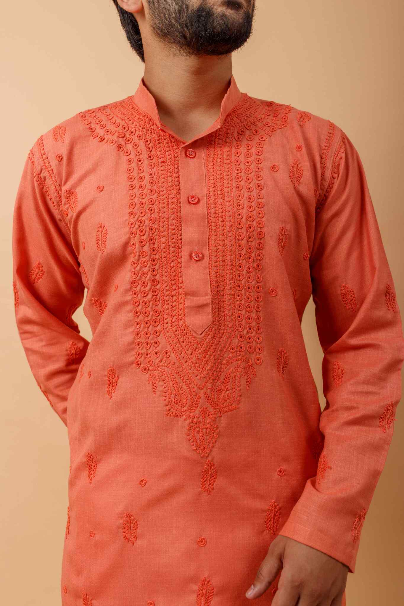 Arsh Handcrafted Orange Gala Booti Pure Cotton Men's Kurta - arshchikan
